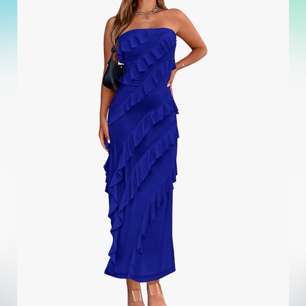 Vibrant Blue Ruffled Strapless Dress for Cocktail Events